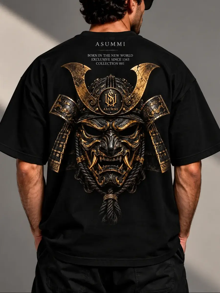Back of a black ASUMMI tee with the samurai mask
